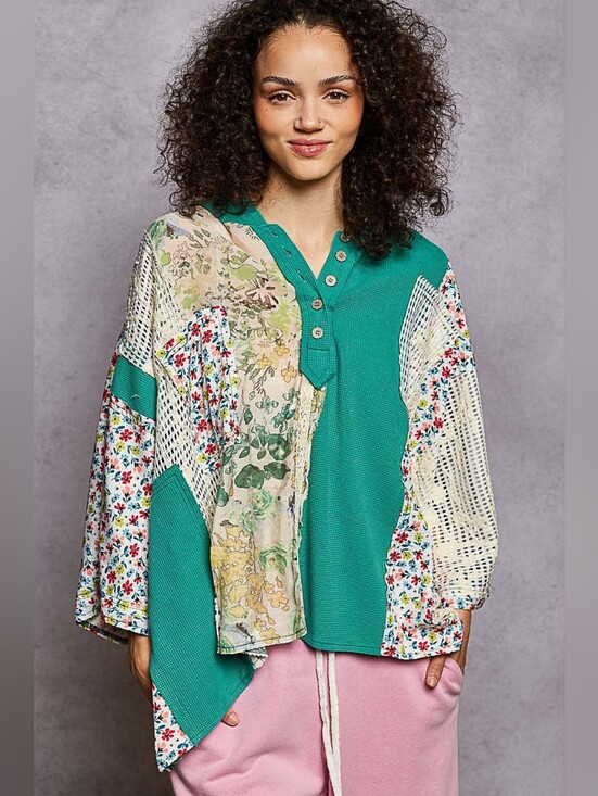 POL Tops - 2-0705 POL Patchwork Floral Green Poncho Lightweight Top